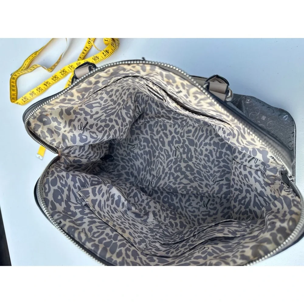Guess Satchel Handbag Metallic Pewter Logo Embossed Tan Handles Leopard Lining